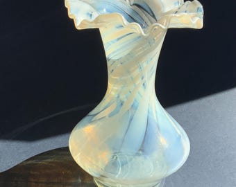 Fluted Ruffled Multi-color Blue-White glass vase Vintage, Color Glass Vase, Interior Decoration, Latvia, glass the 1980s t (# 586 )