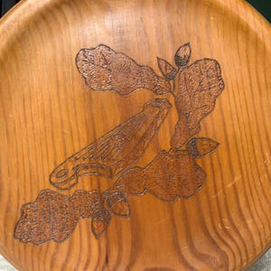 Handcrafted, Vintage wood wall plate with burned ornaments,  handmade, oak leaves, acorns,Latvian traditional musical instrument &quot;Kokle&quot;