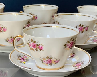 Gold trim SIGULDA service, Riga porcelain factory coffee-tea cups, saucers. Roses, for 6, thin porcelain, Latvia Porcelain, Floral, the 70s