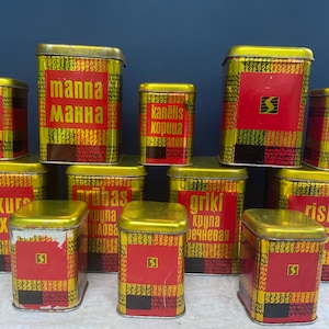 Vintage USSR Tin Spice Jars: Red, Black & Gold Nesting Boxes