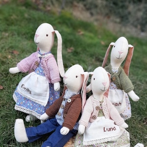 Personalized Handmade Cotton Bunny Doll: Custom Name, Knitted Outfit