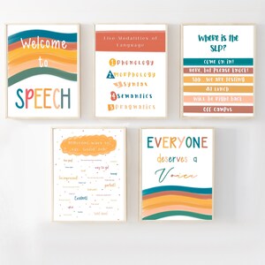 Paquete de 5 carteles de patología del habla, póster slp digital, letrero de puerta, arte de sala de habla, modalidades de lenguaje, decoración de patología del habla, arte
