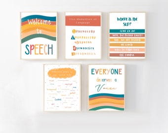 Bundle of 5 speech pathology posters, digital slp poster, door sign, speech room art, modalities of language, speech pathology decor, art