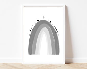 Cartel gris del arco iris de la terapia del habla, decoración del habla, archivo digital imprimible, decoración SLP, cartel de patología del habla, regalo SLP, arte de pared SLP