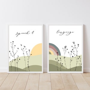 Speech and Language sun and rainbow poster, green hills, therapy room decor, gift for SLP, speech pathology, therapist gift, digital file