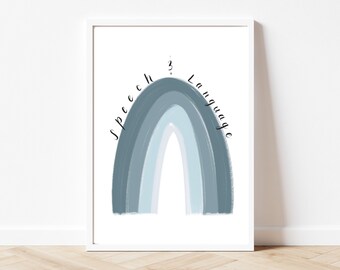 Cartel del arco iris de la terapia del habla azul, decoración del habla, archivo digital imprimible, decoración SLP, cartel de patología del habla, regalo SLP, arte de pared SLP