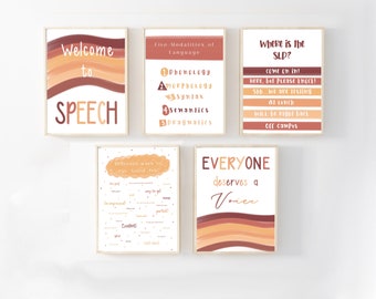 5 SLP decor posters, bundle set, rustic, boho, door sign, gift for speech language pathologist, therapy wall decor, speech classroom signs