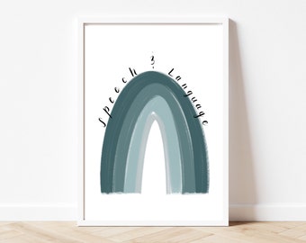 Cartel arco iris de terapia del habla verde azulado / azul, decoración del habla, archivo digital imprimible, decoración SLP, cartel de patología del habla, regalo SLP, arte de pared SLP