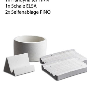 Geschenkset aus Beton, Seifenablage, Schale und Handyhalter hellrau.