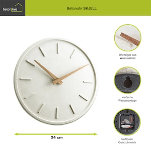 moderne Wanduhr aus Beton, Infografik einfache Wandmontage, lautloses Uhrwerk.