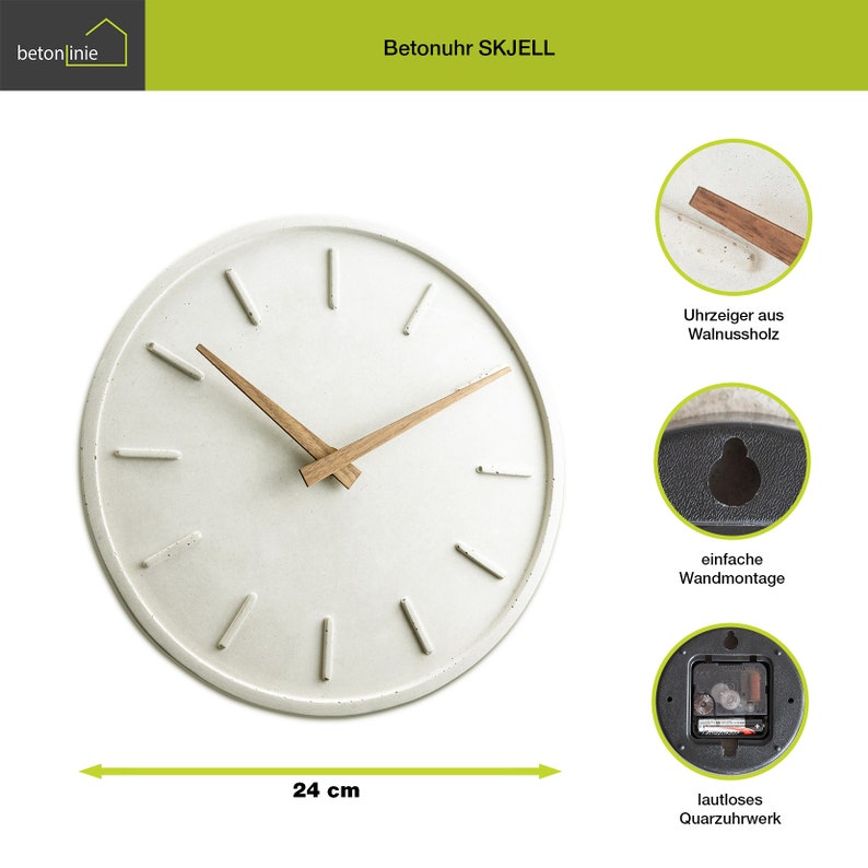 moderne Wanduhr aus Beton, Infografik einfache Wandmontage, lautloses Uhrwerk.