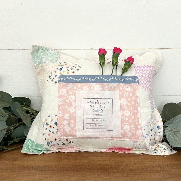 Vintage Quilt pillow Antique Quilt Pillow Vintage Farmhouse Quilt pillow Farmhouse Decor embroidered patchwork stamped pocket with seed pack
