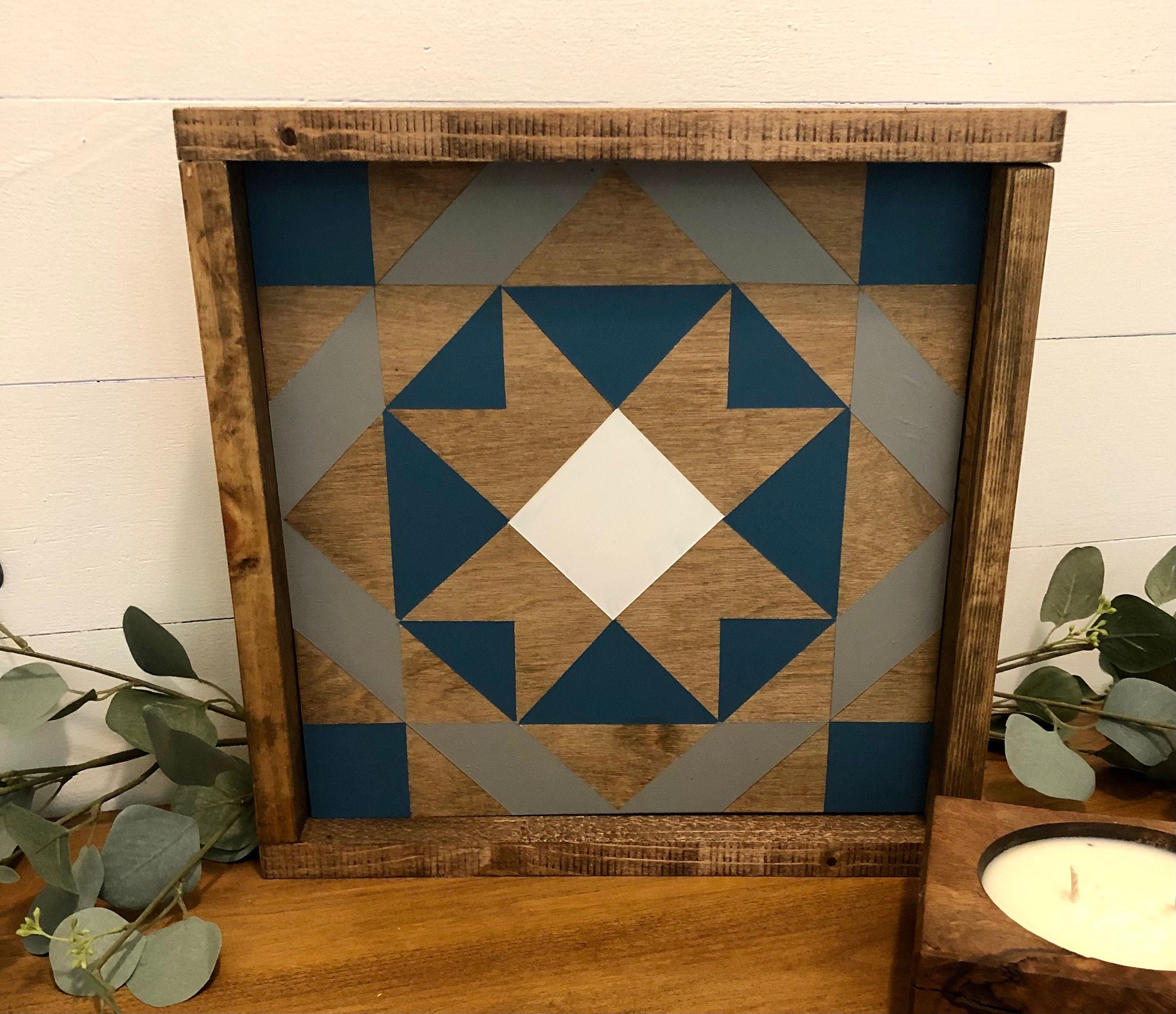 Blue barn quilt wood wall art farmhouse decor country rustic | Etsy