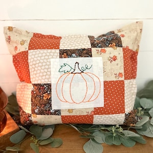 Vintage Inspired Quilt pillow Antique Farmhouse Cottage Decor embroidered patchwork fall pumpkin