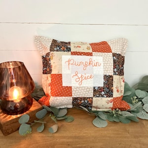 Vintage Inspired Quilt pillow Antique Farmhouse Cottage Decor embroidered patchwork pumpkin spice