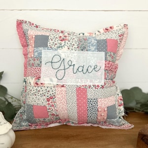 Vintage Quilt pillow Antique Farmhouse Cottage Decor embroidered patchwork Grace