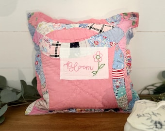 Vintage Quilt pillow Antique Farmhouse Cottage Decor embroidered patchwork bloom