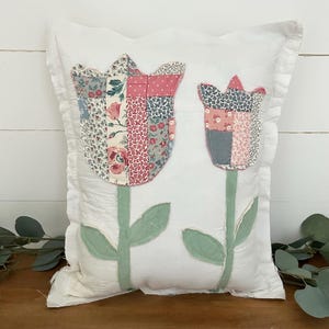 Vintage Quilt pillow Antique Farmhouse Cottage Decor embroidered patchwork two flowers