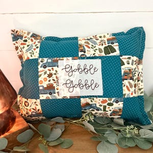 Vintage Inspired Quilt pillow Antique Farmhouse Cottage Decor embroidered patchwork gobble gobble