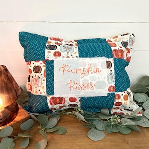 Vintage Inspired Quilt pillow Antique Farmhouse Cottage Decor embroidered patchwork pumpkin kisses