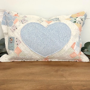 Vintage Quilt pillow Antique Farmhouse Cottage Decor embroidered patchwork blue heart