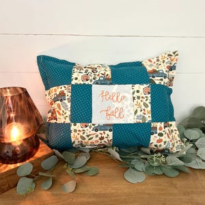 Vintage Inspired Quilt pillow Antique Farmhouse Cottage Decor embroidered patchwork hello fall