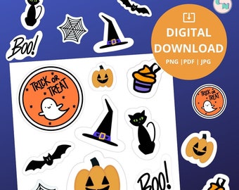 Halloween Stickers Digital File | Halloween Sticker Sheet, Spooky Stickers, Printable Stickers, Print and Cut Stickers, PNG Stickers