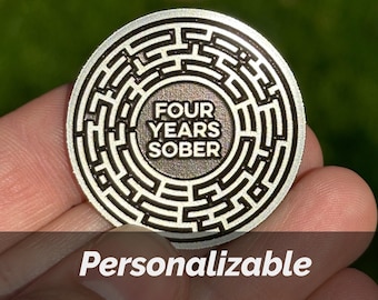 Recovery Maze | Custom Personalizable Silver Sobriety Coin | Any Sober Anniversary on Front | Any Quote + Optional Date on Back