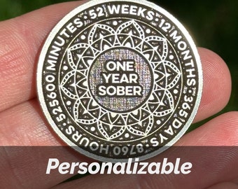 One Year Mandala | Custom Personalizable Silver Sobriety Coin | Any One Year anniversary on Front | Any Quote + Optional Date on Back