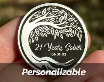 Árbol de la Vida / Moneda de Sobriedad de Plata Personalizable / Cualquier Aniversario + Fecha en el Frente / Cualquier Cita en el Reverso