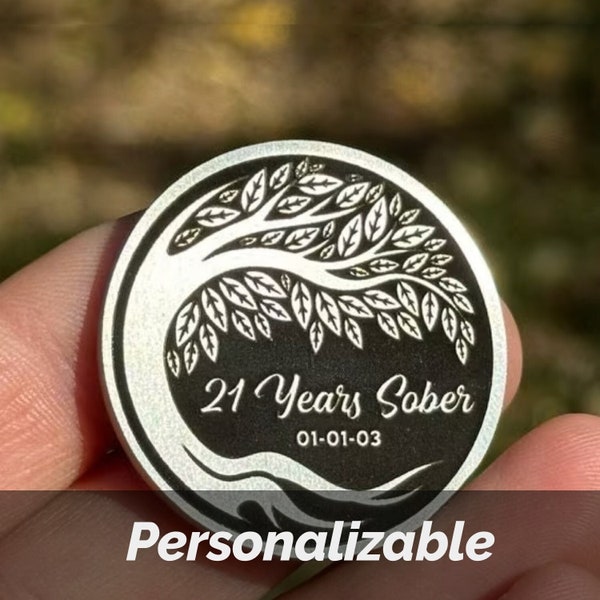 Tree of Life | Custom Personalizable Silver Sobriety Coin | Any Anniversary + Date on the Front | Any Quote on the Back