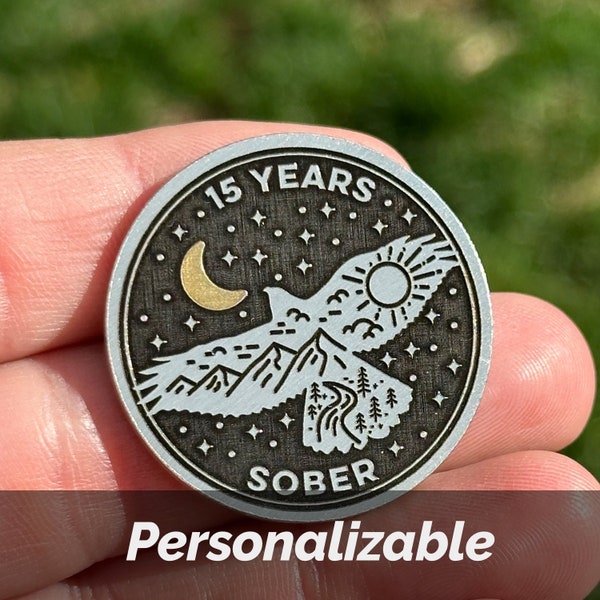 Flying Hawk Day and Night | Custom Personalizable Silver, Gold Sobriety Coin | Any Anniversary on the Front | Any Quote + Date on the Back