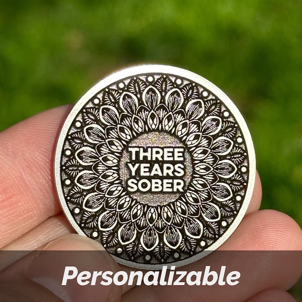 Flower Mandala | Custom Personalizable Silver Sobriety Coin | Any Anniversary on the Front | Any Quote + Optional Date on the Back