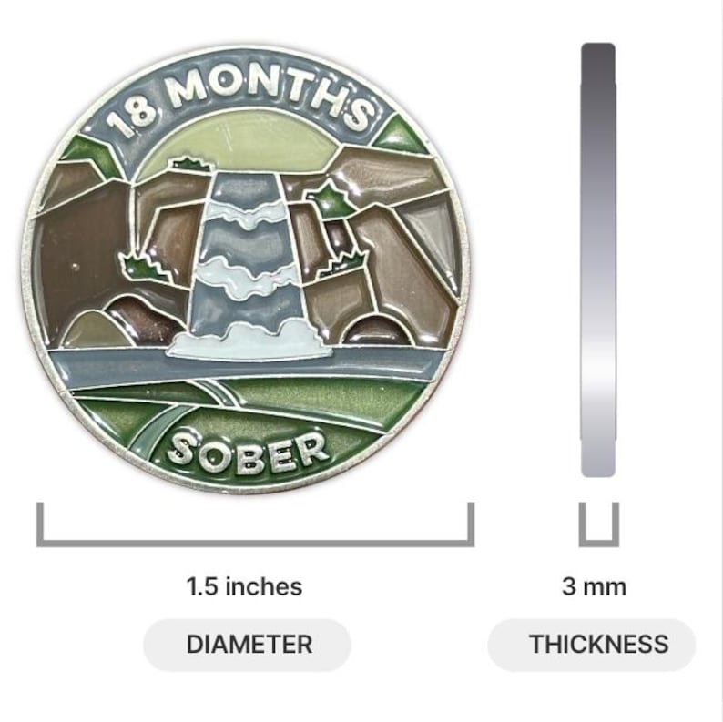 May include: A silver-colored round coin with a green, brown, and blue image of a waterfall. The coin has the text "18 MONTHS SOBER" around the edge. The coin is 1.5 inches in diameter and 3 mm thick.