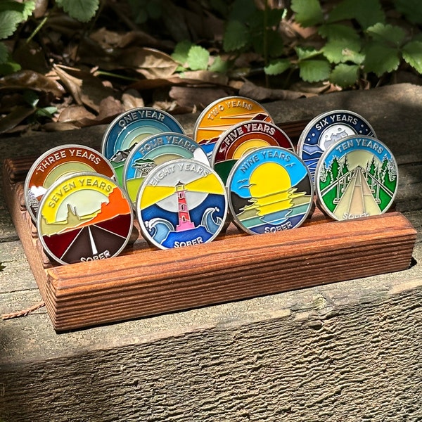 Wooden 4 row sobriety coin display stand