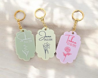 Gepersonaliseerde sleutelhangers | Naamlabels | Gegraveerde naam | Geboortebloem | Pastelkleur acryl | Kerstcadeau