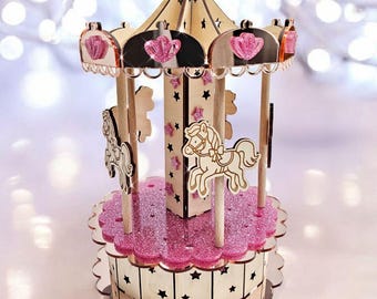 Houten/acryl draaimolen met paarden | Kerstcadeau of kerstversiering | Glitterspiegel van acryl | Kleuren selecteerbaar