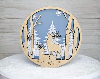 Taarttopper van hout en acryl voor Kerstmis | Boskerst | Taart | Taarttopper | Taartdecoratie | Hert