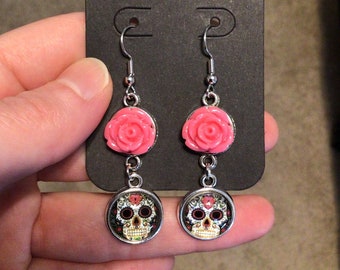 Skull & Rose Earrings - Glass Skull Cabochon / Pink Flower