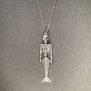 Mermaid Skeleton Necklace - Silver Skull Pendant