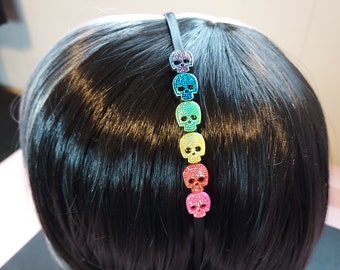 Rainbow Skull Headband - Shiny Iridescent Rhinestone Colorful Skulls