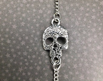 Floral Skull Bracelet - Silver Flower Skull Charm w/ Adjustable Chain