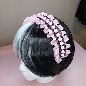 Black & Pink Spiked Lace Headpiece - Lolita / Pastel Goth / Light Pink Spikes Fancy Chiffon Headband
