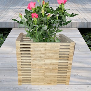 Großer Übertopf aus Holzstücken handgefertigt, Pflanzenkübel für die Terrasse aus Buchenholz, dekorativer Übertopf aus Echtholz, Pflanzen
