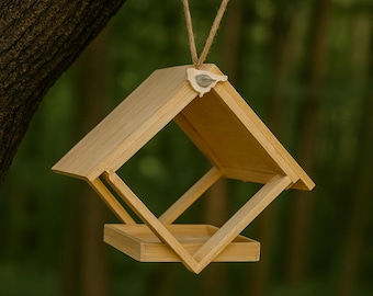Wooden birdhouse – Handmade birdhouse for the garden – Rustic bird feeding station with heart decor – Hanging garden decoration