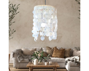 Bellissima lampada realizzata con conchiglie Capiz, paralume bianco, lampada per soggiorno, lampada moderna, paralume, lampada per camera da letto