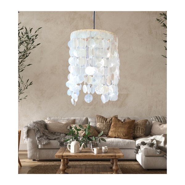 Bellissima lampada realizzata con conchiglie Capiz, paralume bianco, lampada per soggiorno, lampada moderna, paralume, lampada per camera da letto