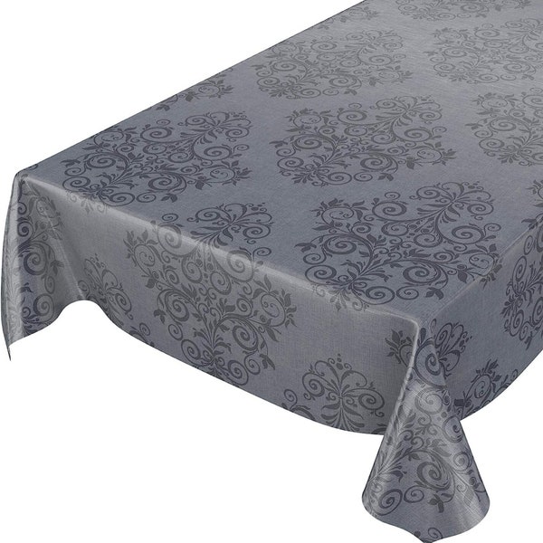 Nappe en toile cirée gris foncé avec un motif de vrilles, nappe lavable et anti-salissures, nappe pour l'extérieur, nappe d'extérieur,