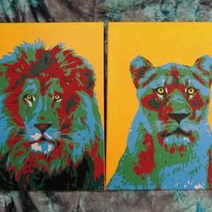 Pop Art Style Paintings of a Lion and Lioness. Original Acrylic Paintings on Stretched Canvas. Each one measures 16" by 20".