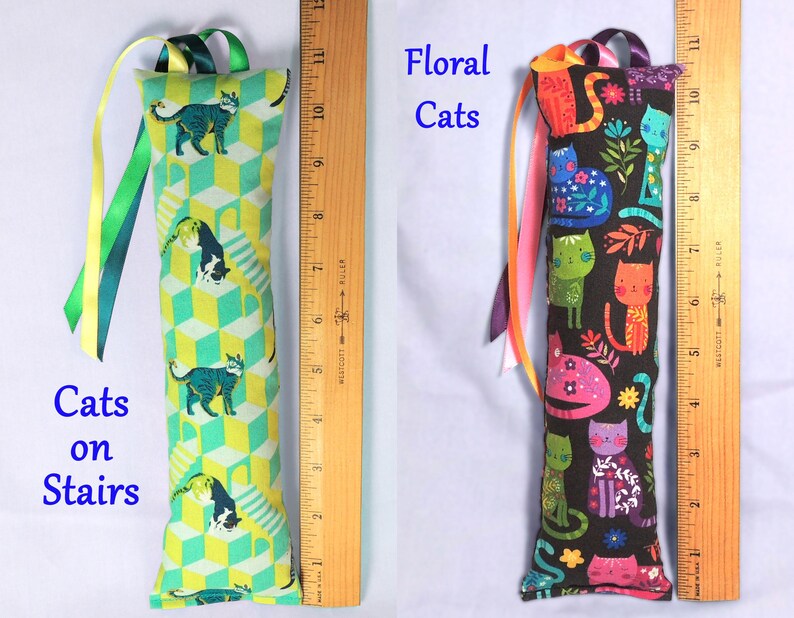 Medium Catnip Kicker Toy with Ribbons • 10” to 11” long • Cat Themed Cotton Fabrics image 3